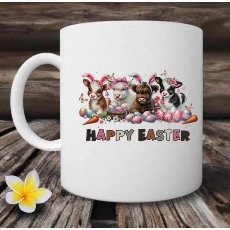 Tailorly White Ceramic 11 oz Mug - Happy Easter Festive Little Calves Wearing Bunny Ears With Colorful Spring Eggs Cow
