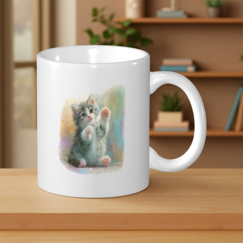 Tailorly White Ceramic 11 oz Mug - Fluffy Watercolor Kitten Sitting With Raised Paw In Soft Colorful Artistic Background Cat