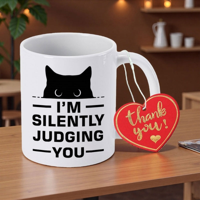 Tailorly White Ceramic 11 oz Mug - I'm Silently Judging You Minimalist Black Peeking Over Lines Judgmental Expression Cat