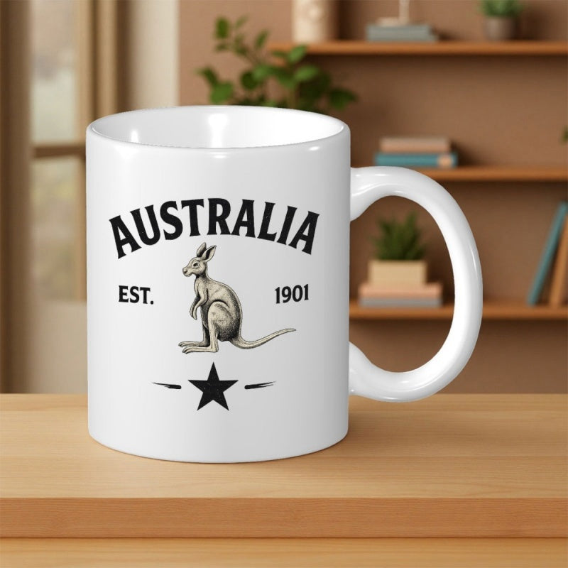 Tailorly White Ceramic 11 oz Mug - Australia Est 1901 Vintage Hand Drawn Sketch Of A Wild Standing Kangaroo