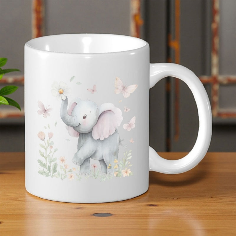 Tailorly White Ceramic 11 oz Mug - Cute Watercolor Baby Elephant Surrounded By Delicate Pink Flowers And Butterflies Elephant