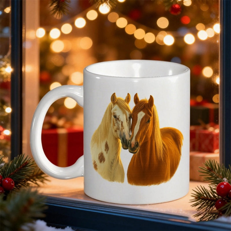 Tailorly White Ceramic 11 oz Mug - Graceful Pair Of Realistic Horses Standing In Gentle Warm Harmony Horse