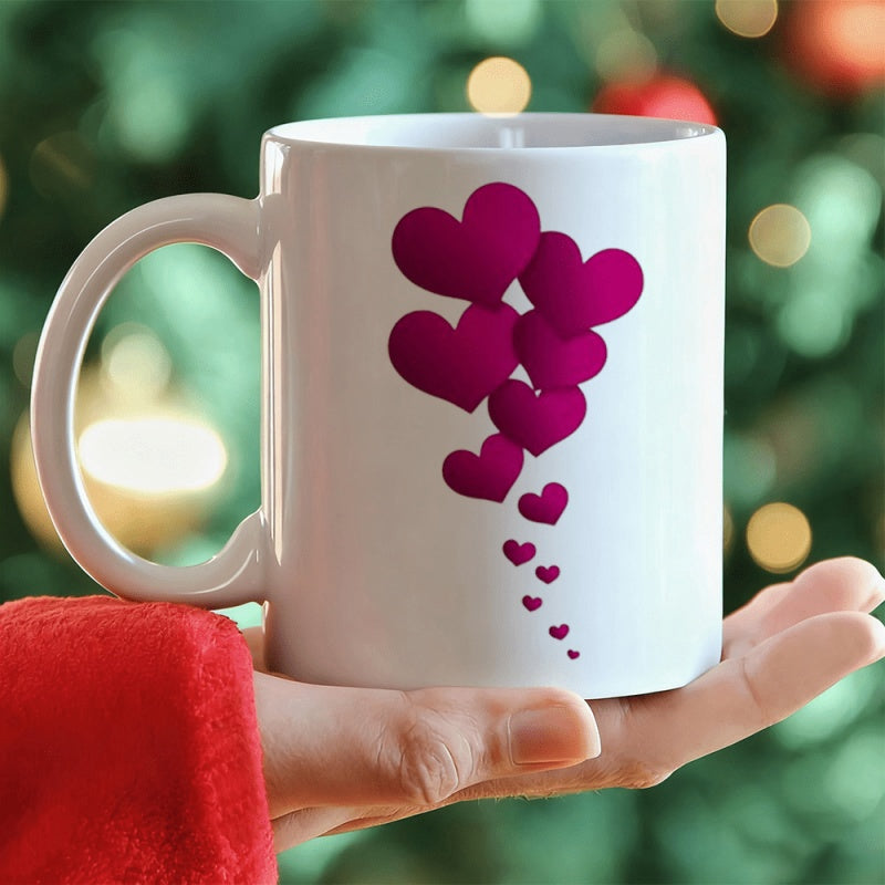 Tailorly White Ceramic 11 oz Mug - Vibrant Magenta Floating Gracefully In A Vertical Trail Arrangement Hearts