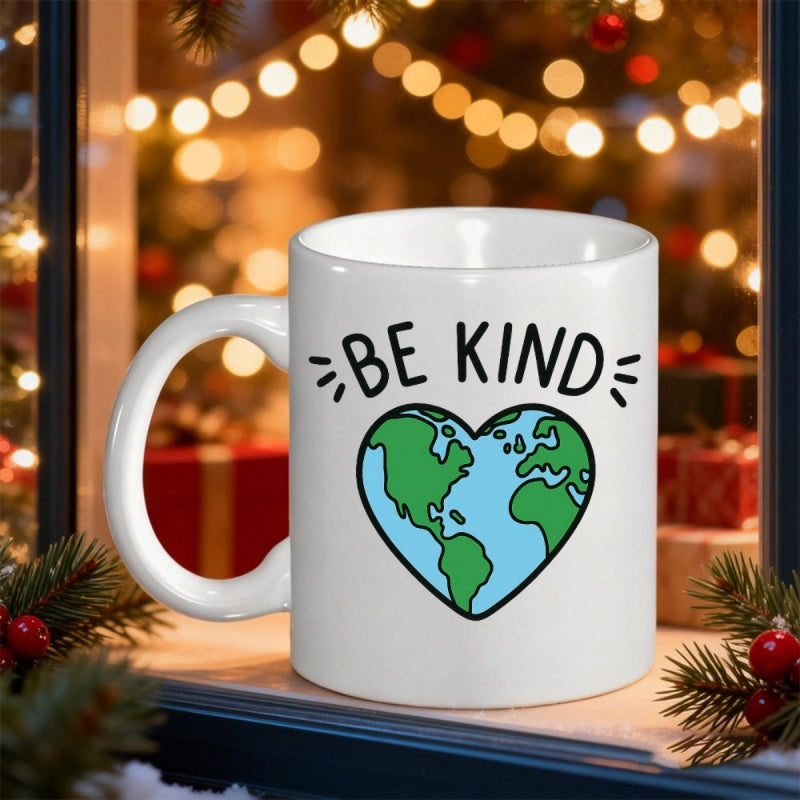 Tailorly White Ceramic 11 oz Mug - Be Kind Colorful Heart Shaped Earth Featuring Vibrant Green Continents And Blue Oceans Earth