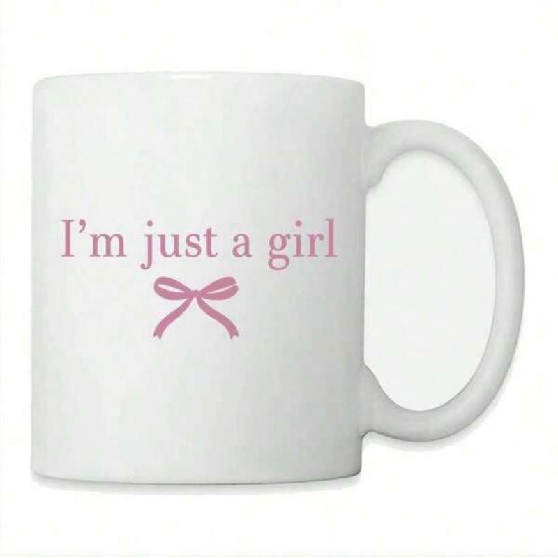 Tailorly White Ceramic 11 oz Mug - I'm Just A Girl Delicate Pink Ribbon Bow With Minimalist Aesthetic Centered On Surface Mug
