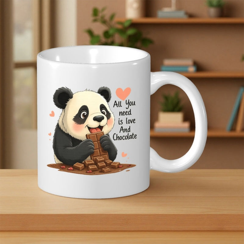 Tailorly White Ceramic 11 oz Mug - All You Need Is Love And Chocolate Adorable Cartoon Panda Enjoying Delicious Chocolate Bar With Pink Hearts Panda