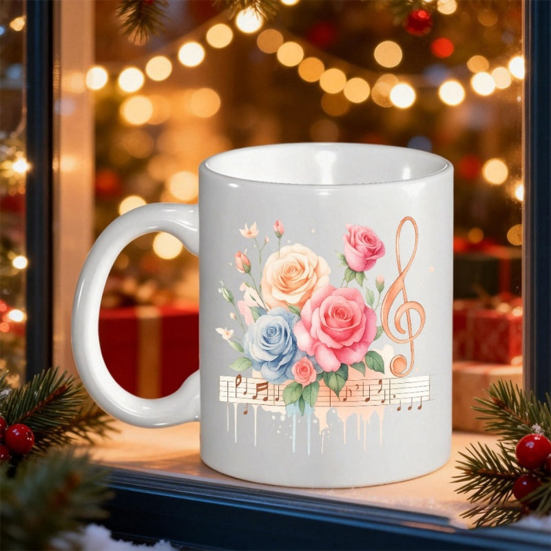 Tailorly White Ceramic 11 oz Mug - Elegant Blooming Roses With Musical Notes And Golden Treble Clef Flower