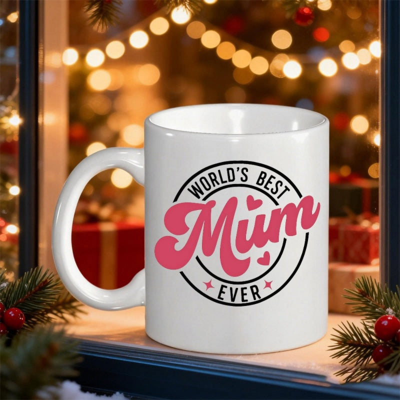 Tailorly White Ceramic 11 oz Mug - Worlds Best Mum Ever Circular Emblem With Pink Retro Text Surrounded By Hearts And Stars Mug