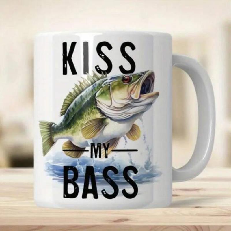 Tailorly White Ceramic 11 oz Mug - Kiss My Bass Realistic Jumping Green Fish Splashing Through Rippling Blue Water Bass