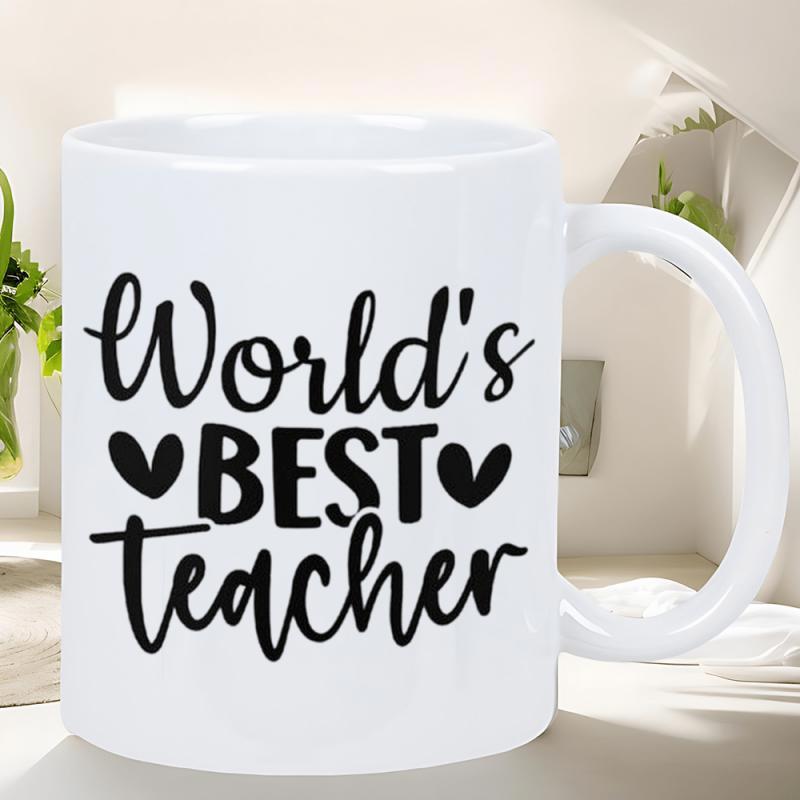 Tailorly White Ceramic 11 oz Mug - Worlds Best Teacher Elegant Script Typography With Small Solid Hearts Decorative Minimalist Design Mug