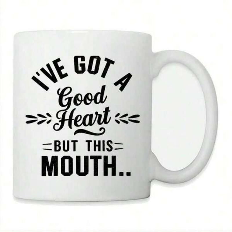 Tailorly White Ceramic 11 oz Mug - I've Got A Good Heart But This Mouth Bold Artistic Black Lettering With Simple Decorative Elements And Symmetrical Flourishes