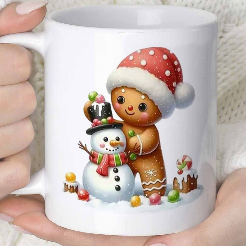 Tailorly White Ceramic 11 oz Mug - Festive Christmas Scene Featuring A Gingerbread Man Beside A Small Snowman