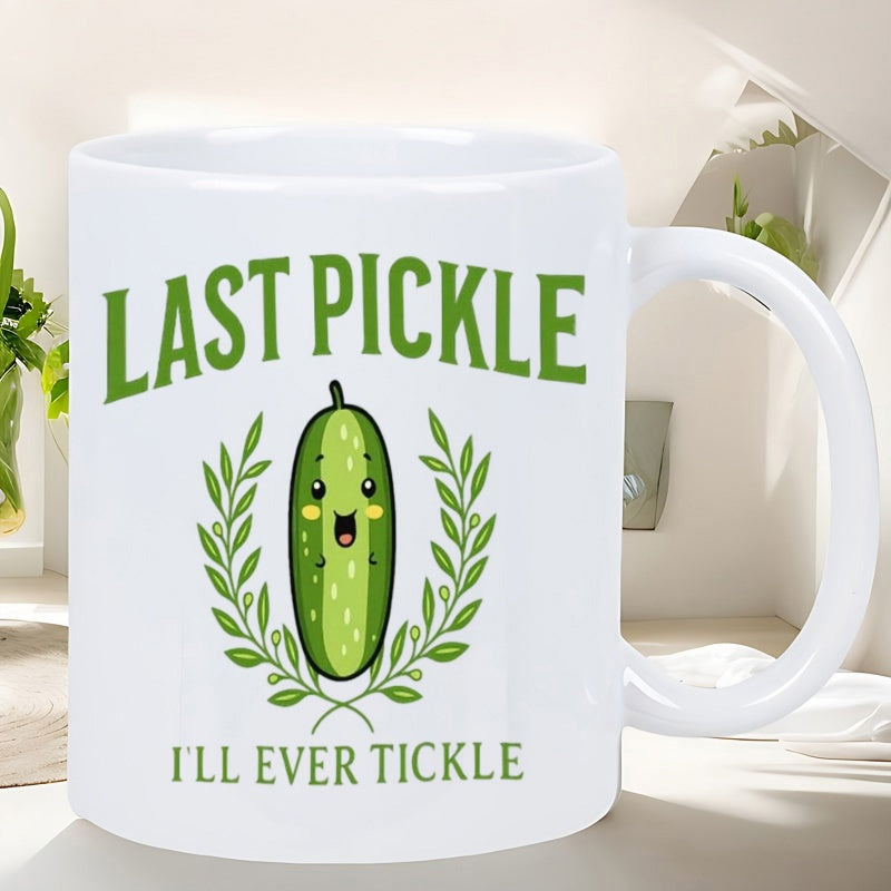 Tailorly White Ceramic 11 oz Mug - Last Pickle I'll Ever Tickle Adorable Smiling Cartoon Vegetable Resting Within A Detailed Green Laurel Wreath Pickle