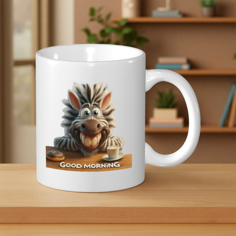 Tailorly White Ceramic 11 oz Mug - Good Morning Funny Cartoon Animal Enjoying Coffee And Donuts At A Wooden Table Zebra