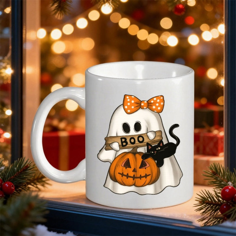 Tailorly White Ceramic 11 oz Mug - Boo Friendly Specter Wearing Polka Dot Bow Holding Sign Beside Small Black Cat Ghost