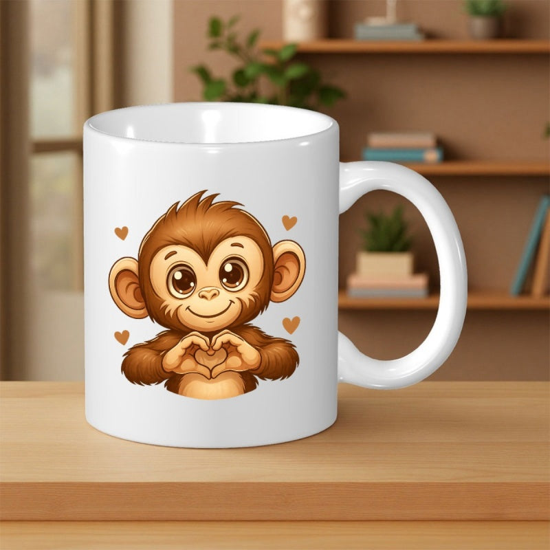Tailorly White Ceramic 11 oz Mug - Adorable Cartoon Monkey Making Heart Shape Gesture With Small Floating Hearts Monkey