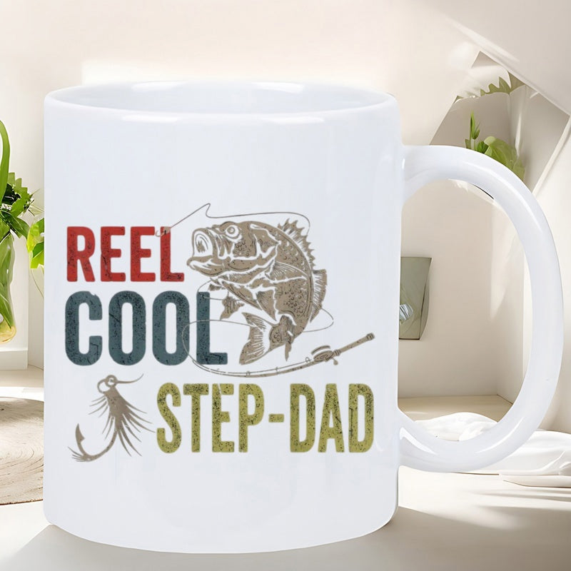 Tailorly White Ceramic 11 oz Mug - Reel Cool Step Dad Vintage Style Largemouth Bass Jumping Near Hook And Fishing Rod Bass