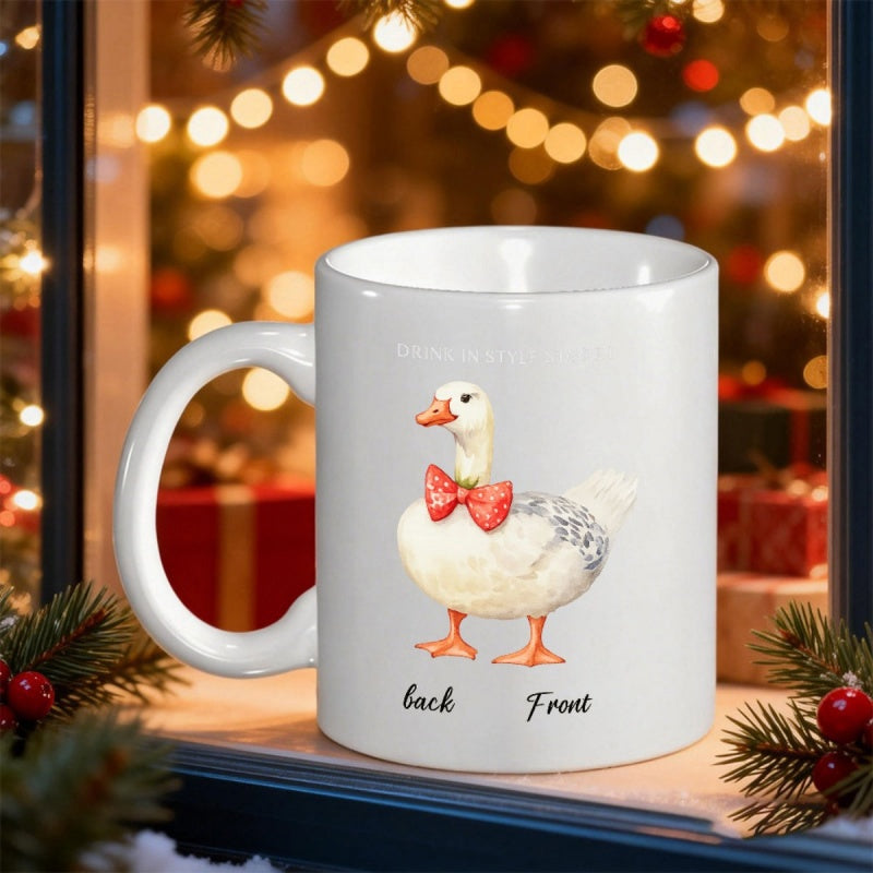 Tailorly White Ceramic 11 oz Mug - Peaceful Back Front Charming Hand Painted White Waterfowl With Decorative Red Bow Tie Goose