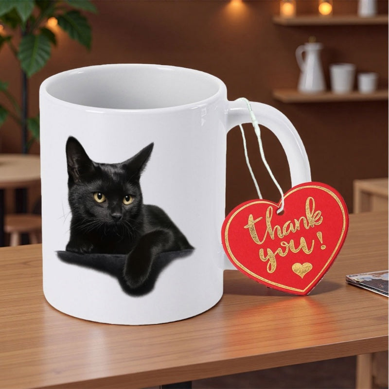 Tailorly White Ceramic 11 oz Mug - Thank You Sleek Feline With Piercing Yellow Eyes Resting Calmly Upon A Surface Cat