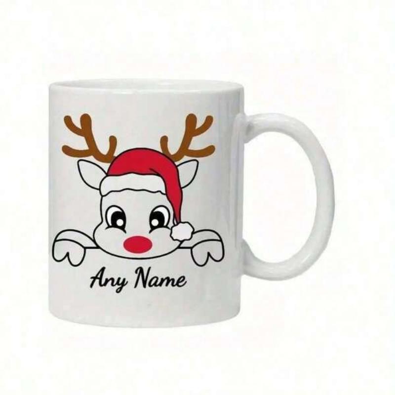 Tailorly White Ceramic 11 oz Mug - Any Name Festive Cartoon Character Peeking Over Edge Wearing Red Santa Hat Reindeer