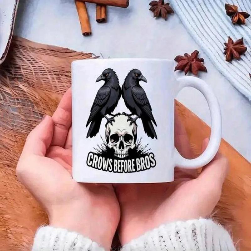 Tailorly White Ceramic 11 oz Mug - Crows Before Bros Two Majestic Black Ravens Perched Atop A Weathered Human Skull Crows
