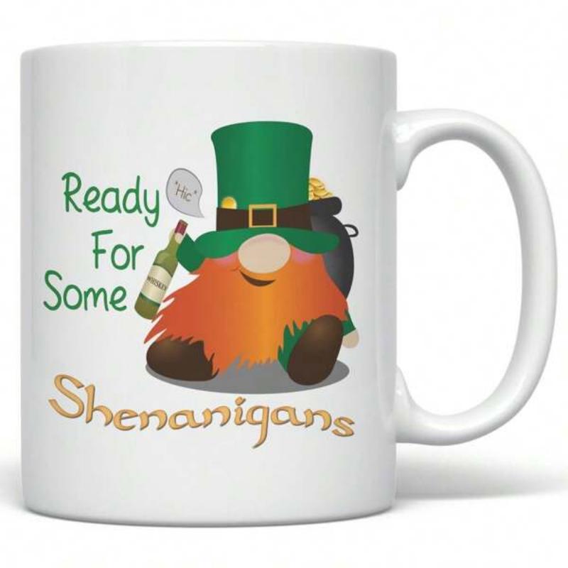 Tailorly White Ceramic 11 oz Mug - Ready For Some Shenanigans Festive St Patricks Day Leprechaun Wearing Tall Green Hat Holding Bottle Gnome