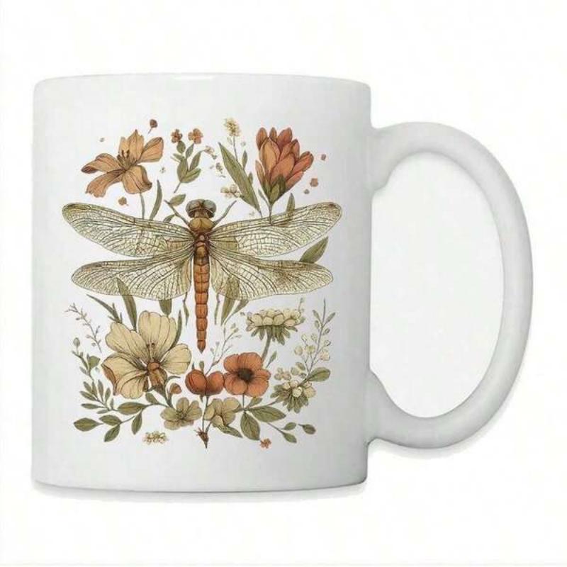 Tailorly White Ceramic 11 oz Mug - Delicate Vintage Wildflowers Surrounding A Detailed Winged Insect With Natural Tones Dragonfly