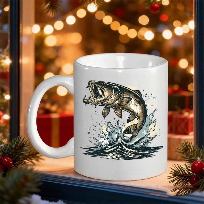 Tailorly White Ceramic 11 oz Mug - Majestic Detailed Largemouth Leaping From Splashing Ripples Of Fresh Water Bass