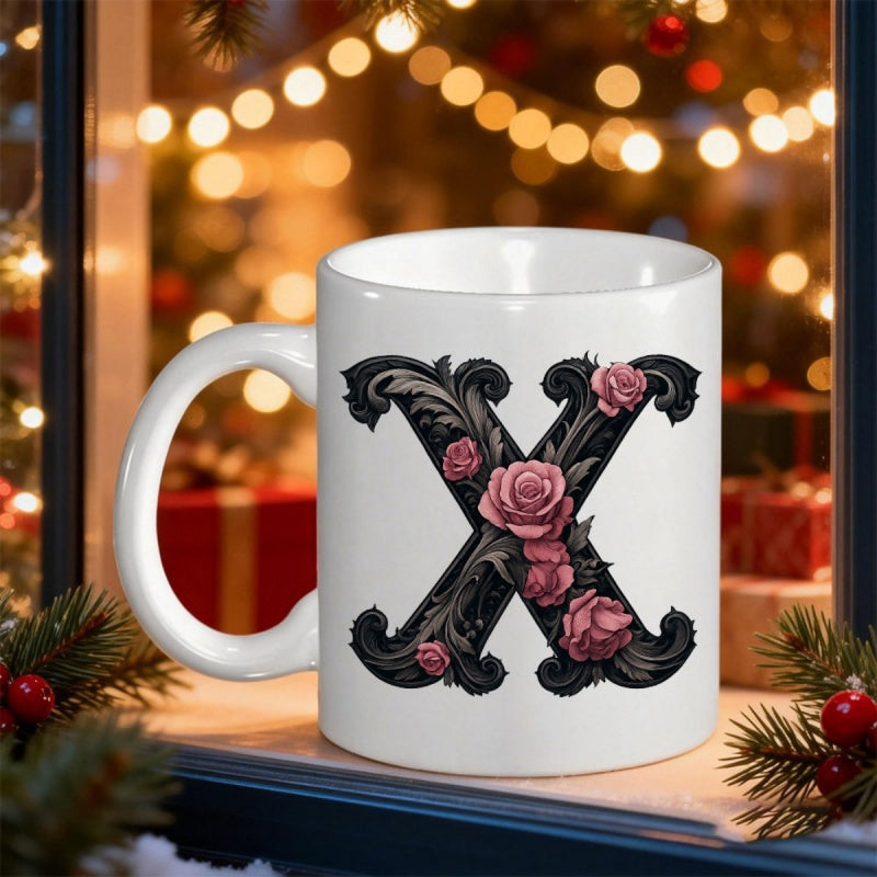 Tailorly White Ceramic 11 oz Mug - X Ornate Baroque Black Filigree With Delicate Pink Roses Entwined Letter