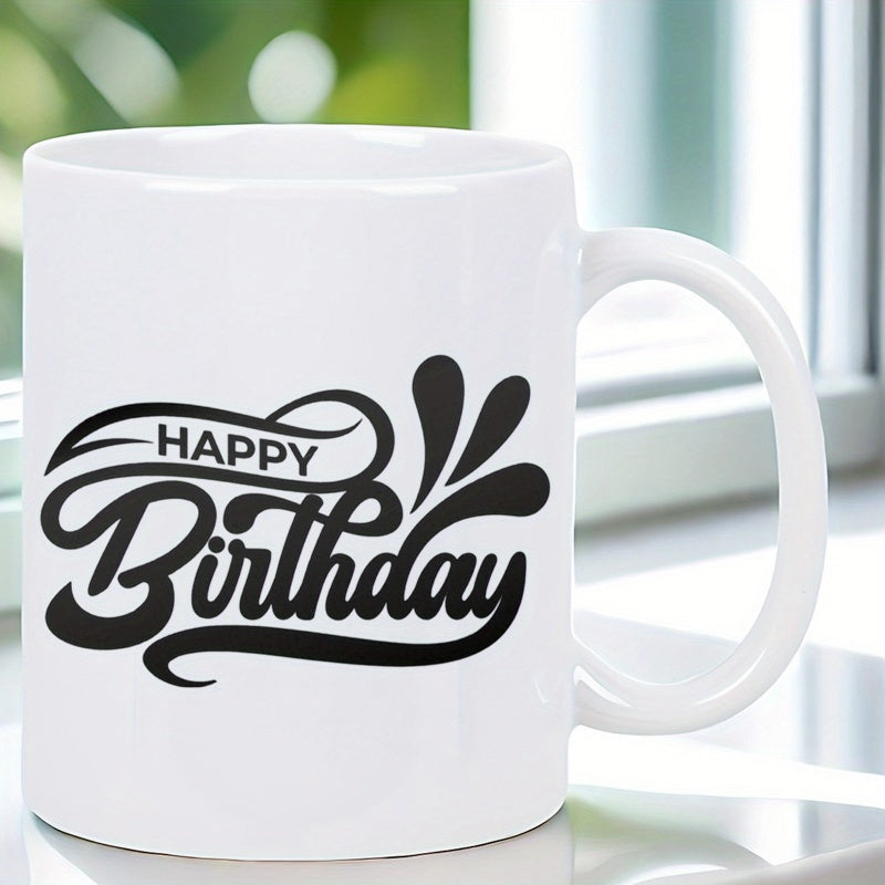 Tailorly White Ceramic 11 oz Mug - Happy Birthday Elegant Swirling Black Decorative Flourishes With Artistic Droplets Cup