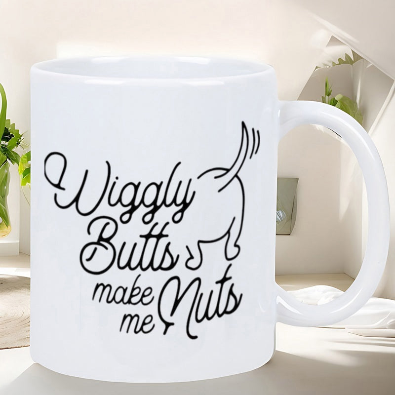 Tailorly White Ceramic 11 oz Mug - Wiggly Butts Make Me Nuts Playful Minimalist Line Drawing Showing A Happy Wagging Tail Dog