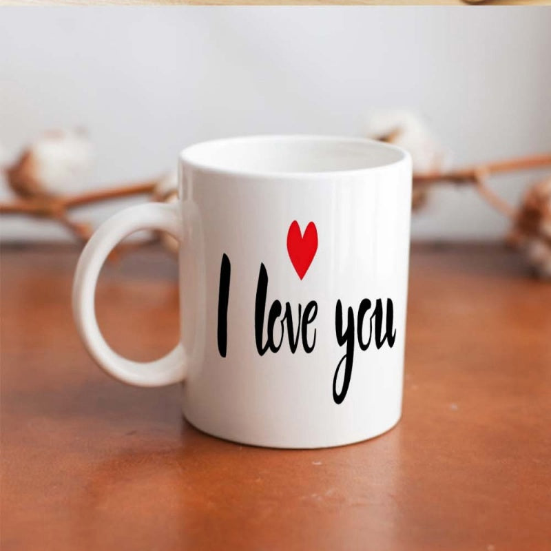 Tailorly White Ceramic 11 oz Mug - I Love You Minimalist Red Symbol Positioned Above Elegant Black Cursive Artistic Brush Stroke Heart