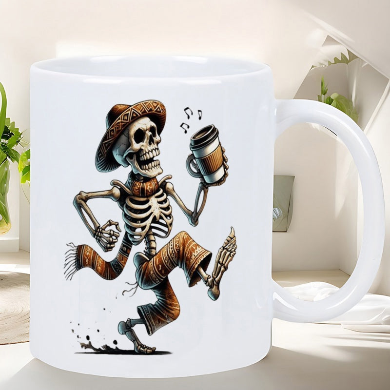 Tailorly White Ceramic 11 oz Mug - Festive Dancing Mexican Character Wearing Traditional Sombrero Holding A Steaming Coffee Skeleton