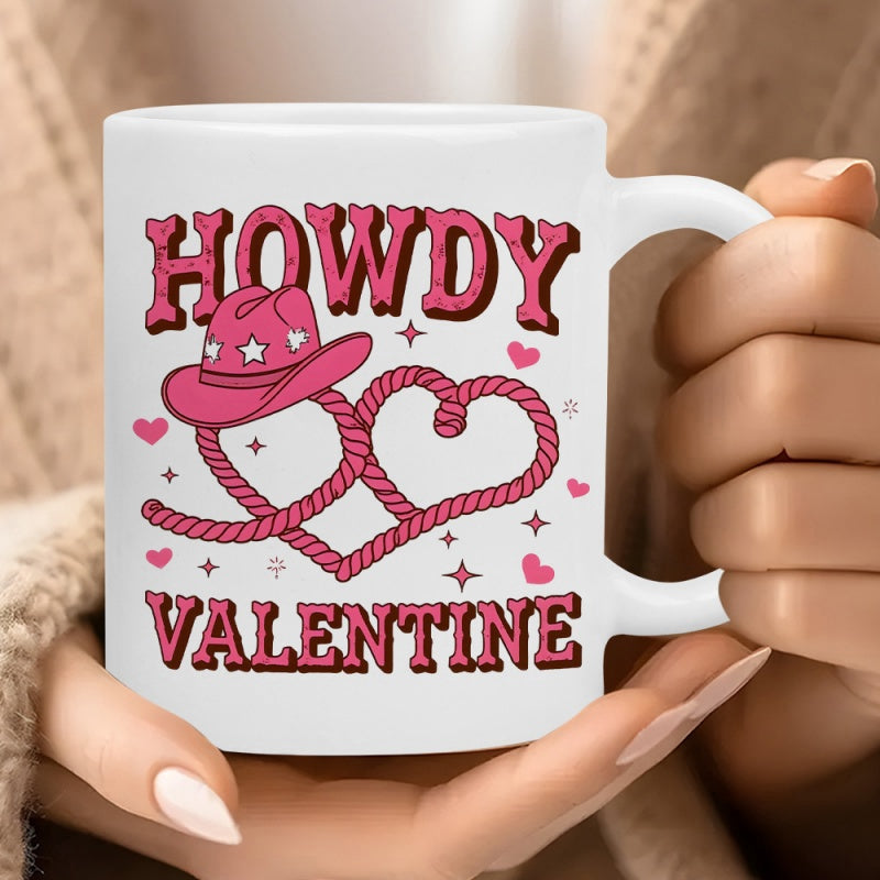 Tailorly White Ceramic 11 oz Mug - Howdy Valentine Pink Western Hat With Heart Shaped Lasso And Stars Cowboy Hat