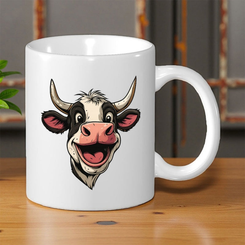 Tailorly White Ceramic 11 oz Mug - Smiling Cartoon Farm Animal With Black Patches And Pointy Horns Cow