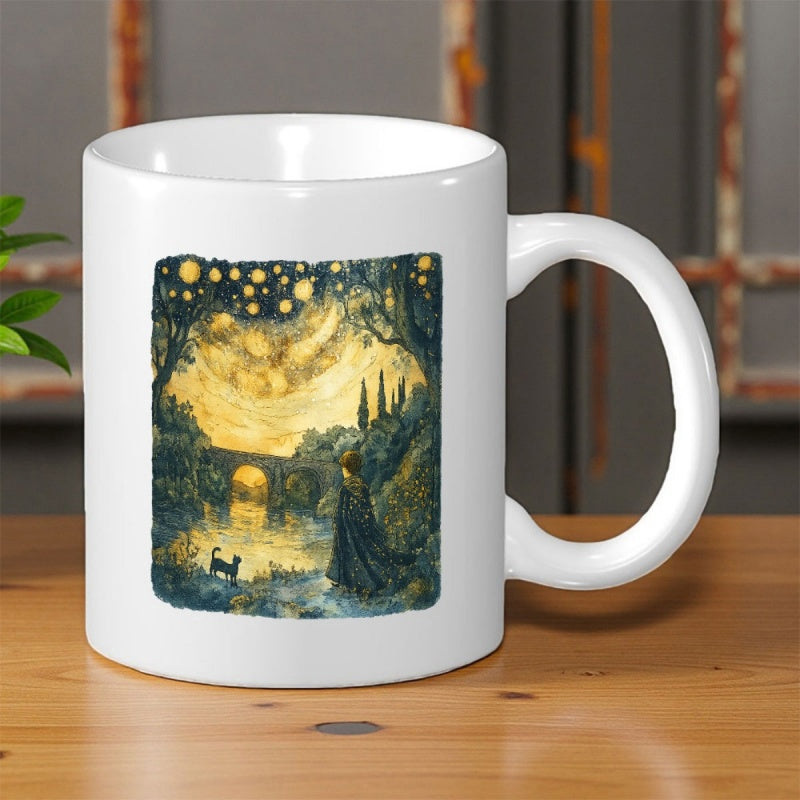 Tailorly White Ceramic 11 oz Mug - Dreamy Swirling Golden Stars Above A Quiet Bridge And Forest Landscape