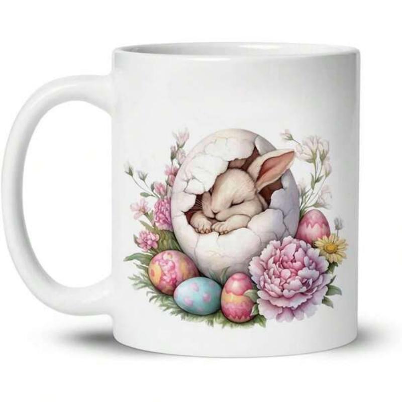 Tailorly White Ceramic 11 oz Mug - Cute Sleeping Bunny Tucked Inside Cracked Eggshell With Colorful Spring Flowers Rabbit