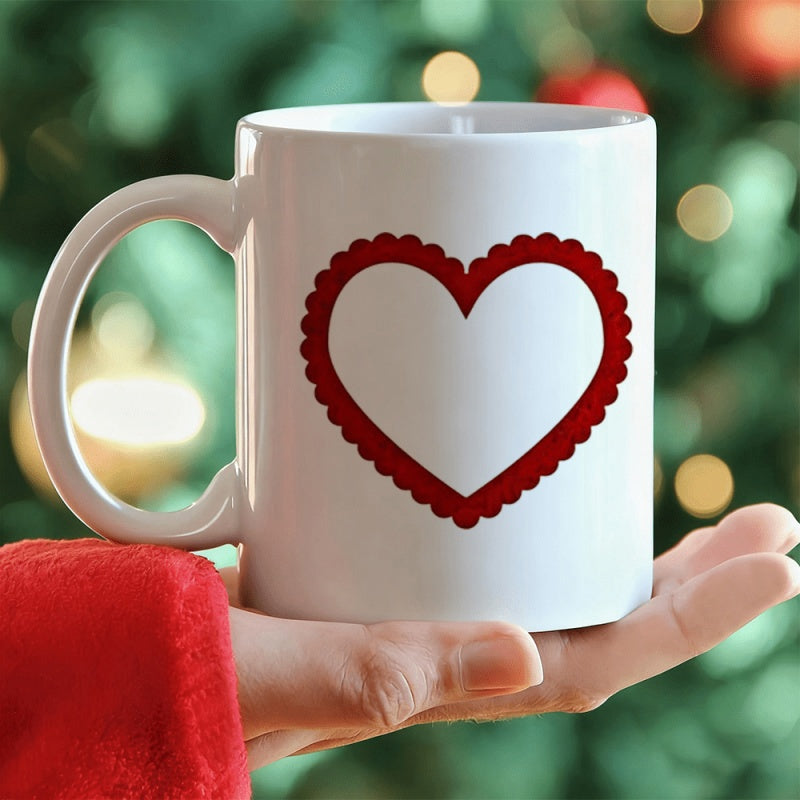 Tailorly White Ceramic 11 oz Mug - Vibrant Red Scalloped Border Among Minimalist White Surface Heart