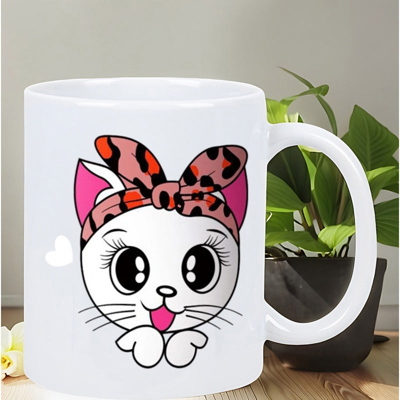 Tailorly White Ceramic 11 oz Mug - Adorable White Kitten Wearing Leopard Print Bow With Heart Expression Cat