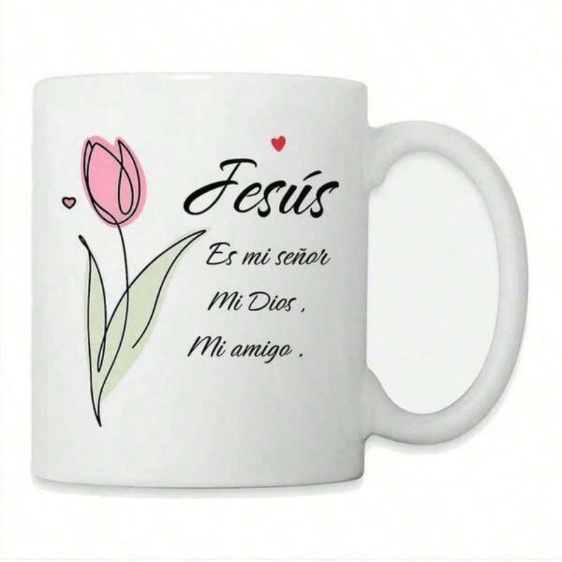 Tailorly White Ceramic 11 oz Mug - Minimalist Pink Floral Line Art With Green Leaves And Hearts Tulip