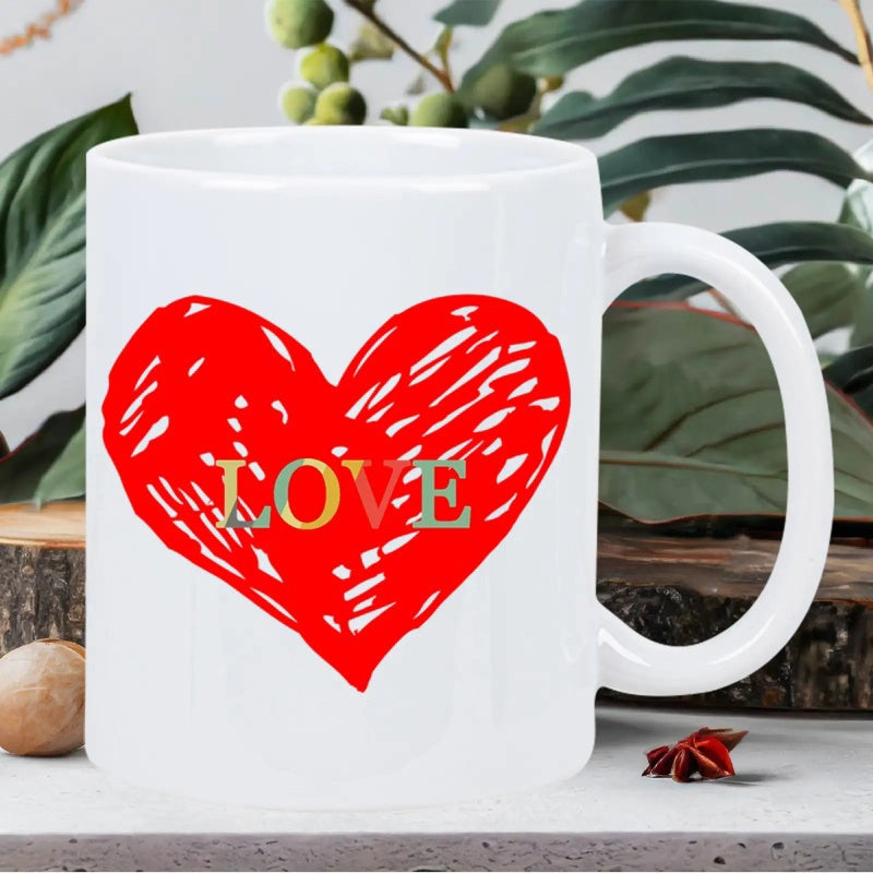 Tailorly White Ceramic 11 oz Mug - Love Hand Drawn Scribbled Red Texture Within A Large Artistic Romantic Shape Heart