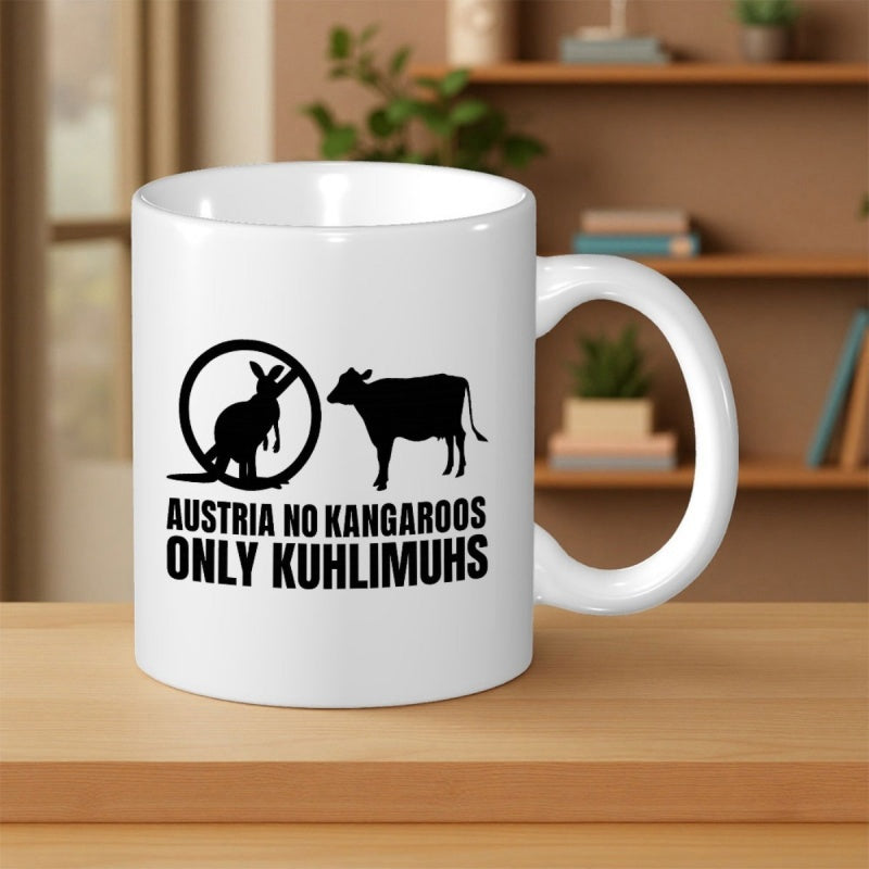 Tailorly White Ceramic 11 oz Mug - Austria No Kangaroos Only Kuhlimuhs Minimalist Black Silhouettes Depicting A Kangaroo And A Standing Cow