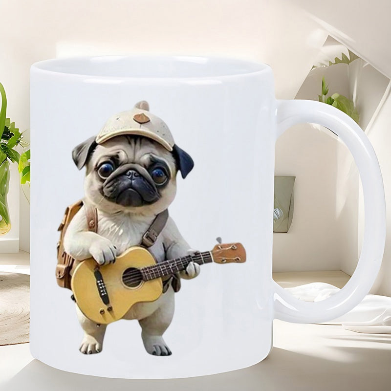 Tailorly White Ceramic 11 oz Mug - Cute Explorer Character Wearing Tan Hat Playing A Small Wooden Musical Ukulele Pug