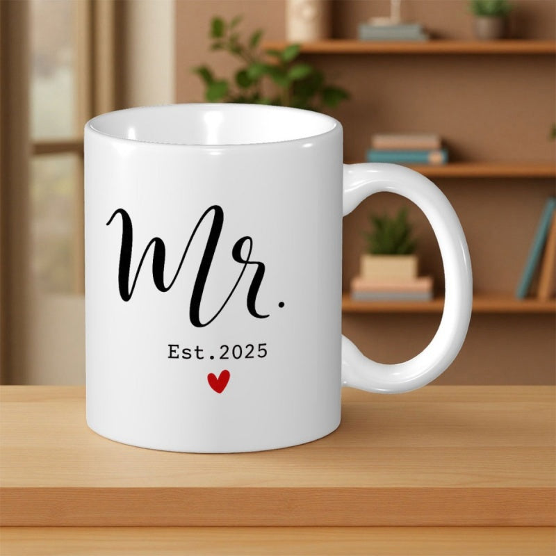 Tailorly White Ceramic 11 oz Mug - Mr Est 2025 Elegant Script Lettering With A Minimalist Red Heart Mug