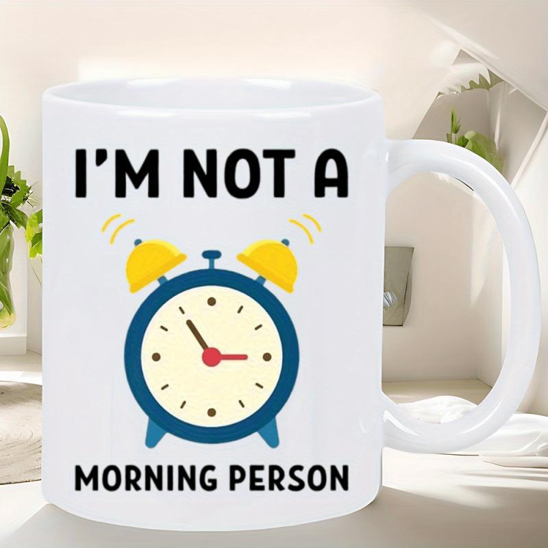 Tailorly White Ceramic 11 oz Mug - Im Not A Morning Person Cartoon Style Ringing Blue Vintage Clock With Yellow Bells Alarm Clock