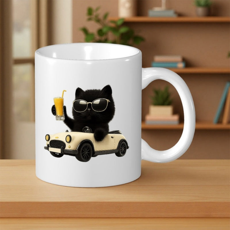 Tailorly White Ceramic 11 oz Mug - Cool Black Cat Wearing Sunglasses Driving Vintage Convertible Holding Refreshing Drink Cat