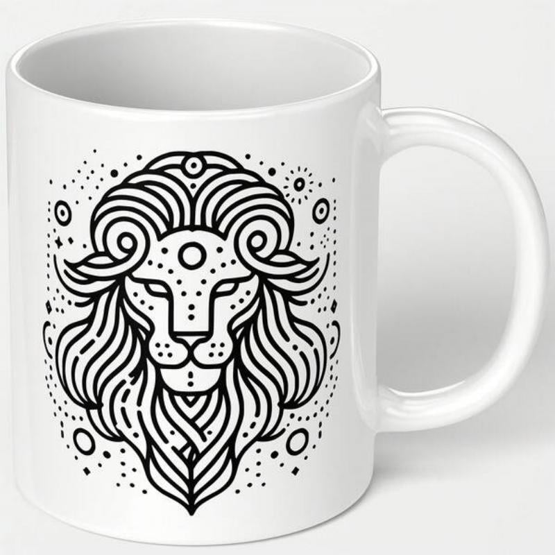 Tailorly White Ceramic 11 oz Mug - Stylized Line Art Featuring Majestic Mane With Geometric Tribal Dots Circular Pattern Lion