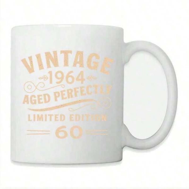 Tailorly White Ceramic 11 oz Mug - Vintage 1964 Aged Perfectly Limited Edition 60 Elegant Golden Typography Featuring Classic Decorative Swirls On