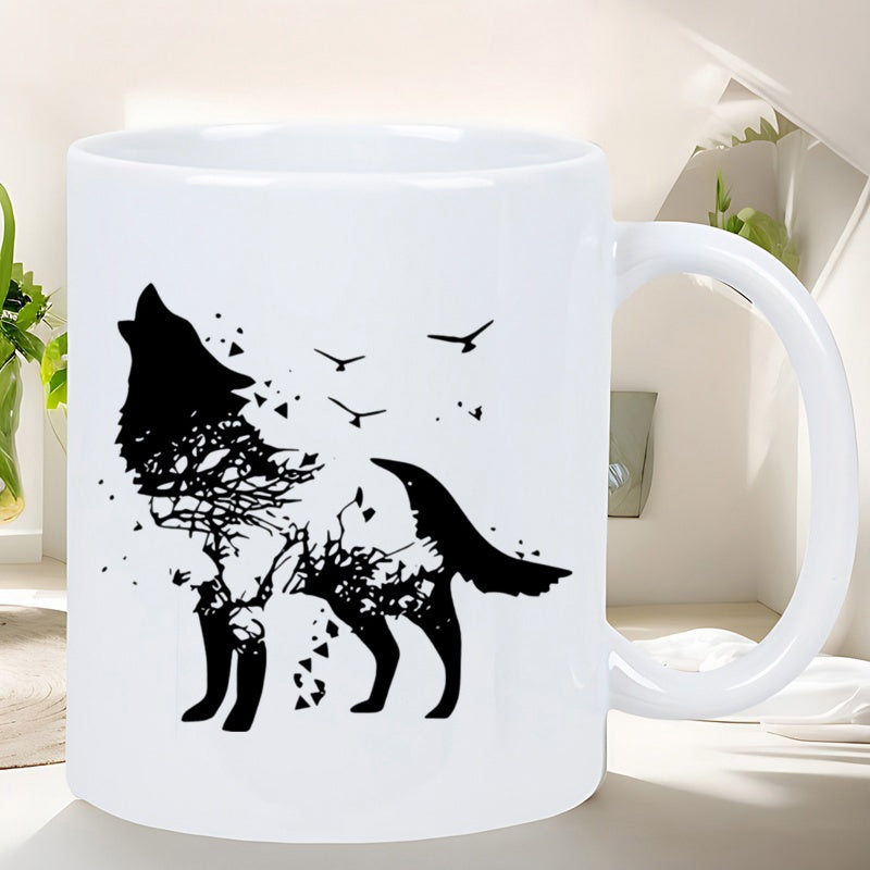 Tailorly White Ceramic 11 oz Mug - Artistic Black Silhouette Howling Wild Nature With Forest Branches And Birds Wolf