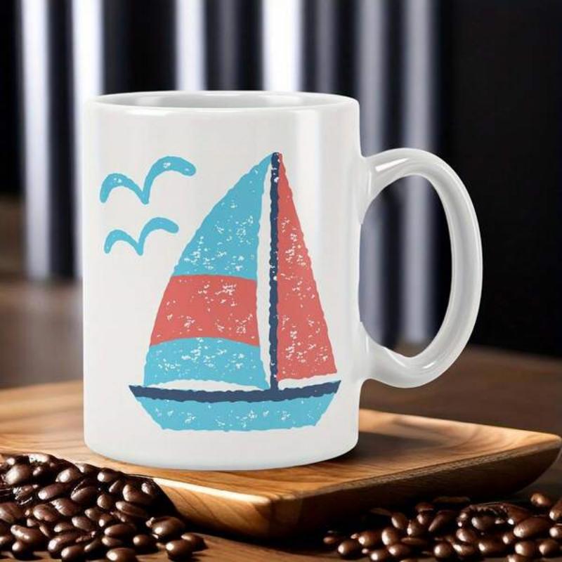 Tailorly White Ceramic 11 oz Mug - Simple Stylized Coastal Theme With Sailing Vessel And Flying Blue Seagulls Sailboat